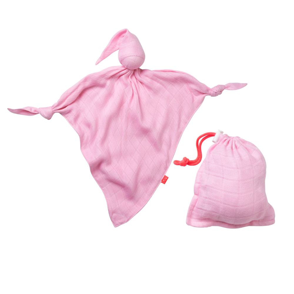 Rose Mussi muslin Cuski with matching muslin carry bag on a white background