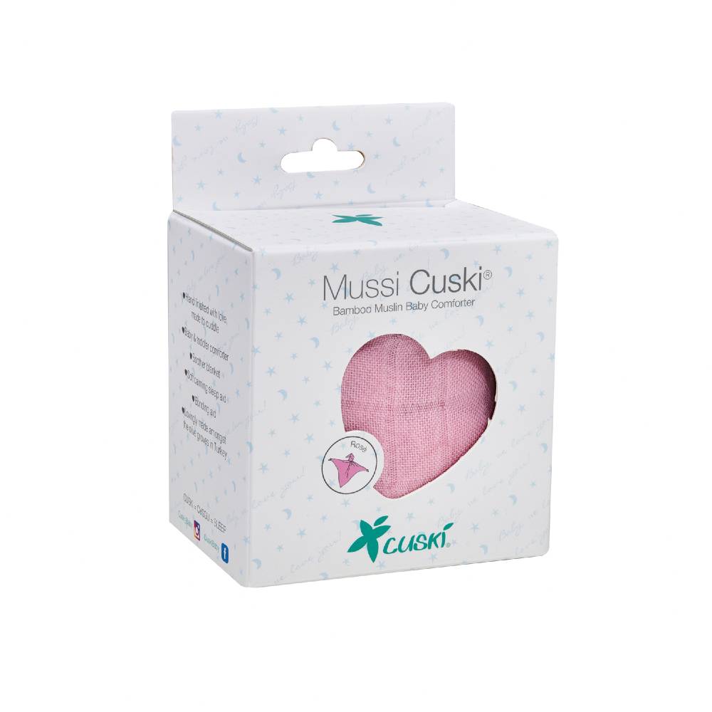 Rose Mussi muslin Cuski Comforter in a carton on a white background