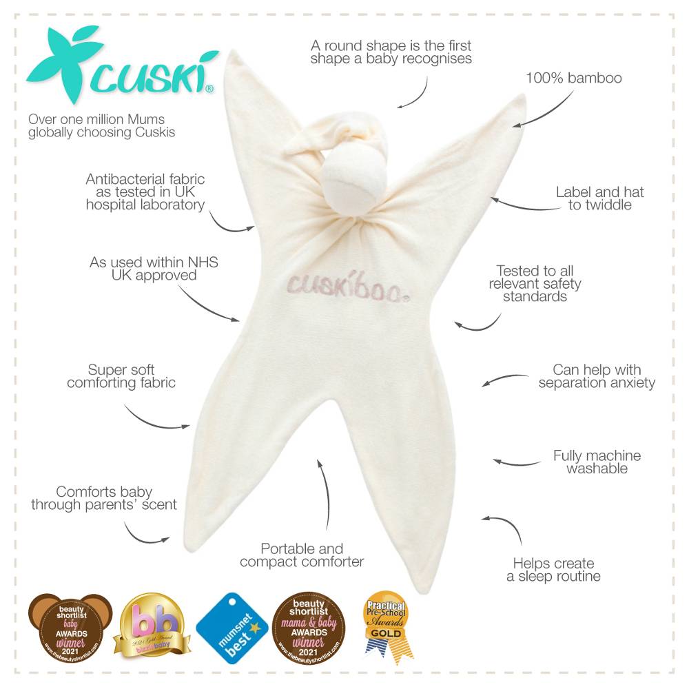 Cream Cuskiboo infant comforter on a white background with text highlighting key features