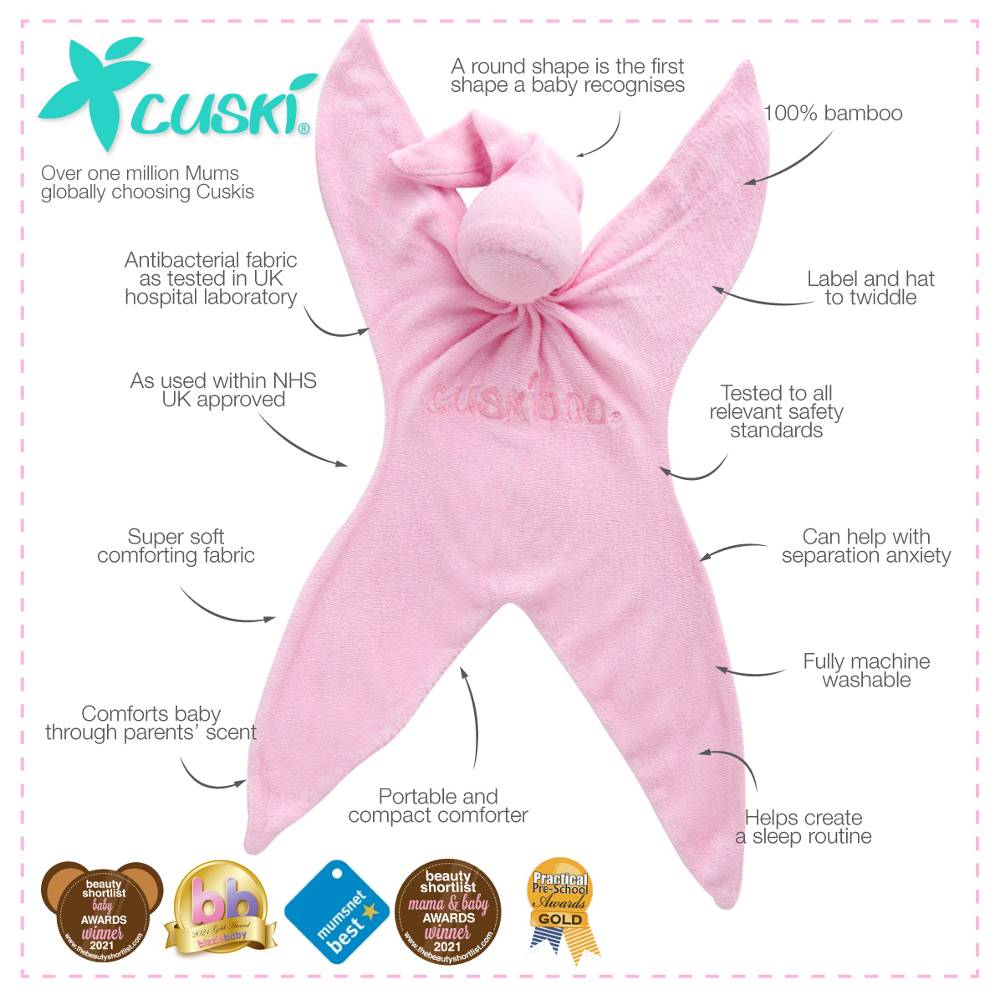 Pink Cuskiboo baby comforter with a white background and text with key features