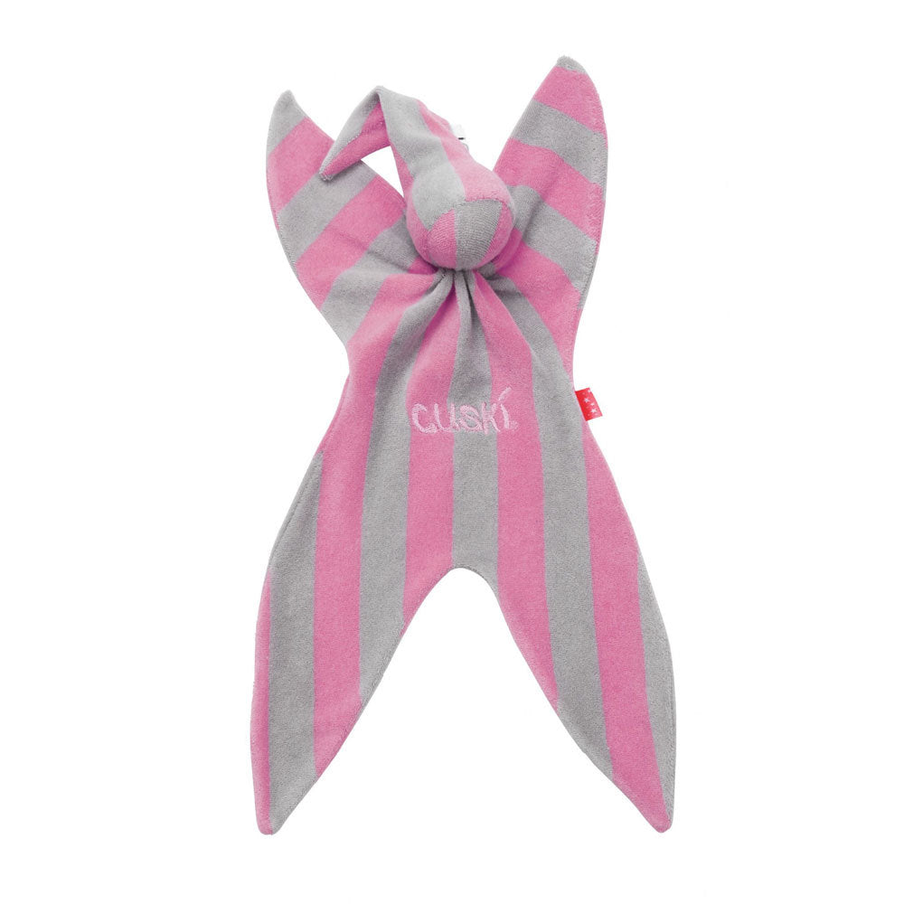Pink and grey striped Betty Cuski Comforter on a white background
