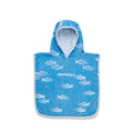 A blue hooded towel with a white fish pattern and the brand name 'CRYWOLF' printed in the center, shown against a plain white background.
