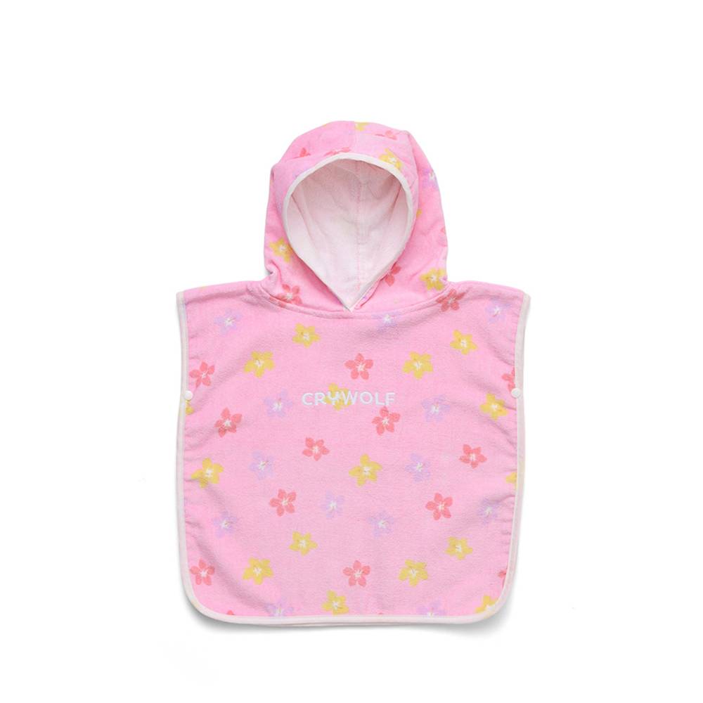 A pink hooded baby towel with a white border and a scattered floral pattern in yellow, pink, and purple. The brand name 'CRYWOLF' is printed in white near the center.