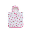 A white hooded baby towel with pink trim and an all-over pink and red starfish and seashell pattern, shown flat against a white background.