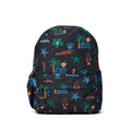 A black backpack with a colorful tropical beach print featuring palm trees, starfish, waves, and the words 'Seaside Motel'.
