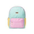A color-blocked backpack with a mint green top, a pink front pocket, yellow side pockets, and a purple top trim, shown on a white background.