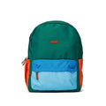 A color-blocked backpack with a dark green main body, a bright blue front zip pocket, a light blue lower front panel, and orange side pockets, shown on a plain white background.