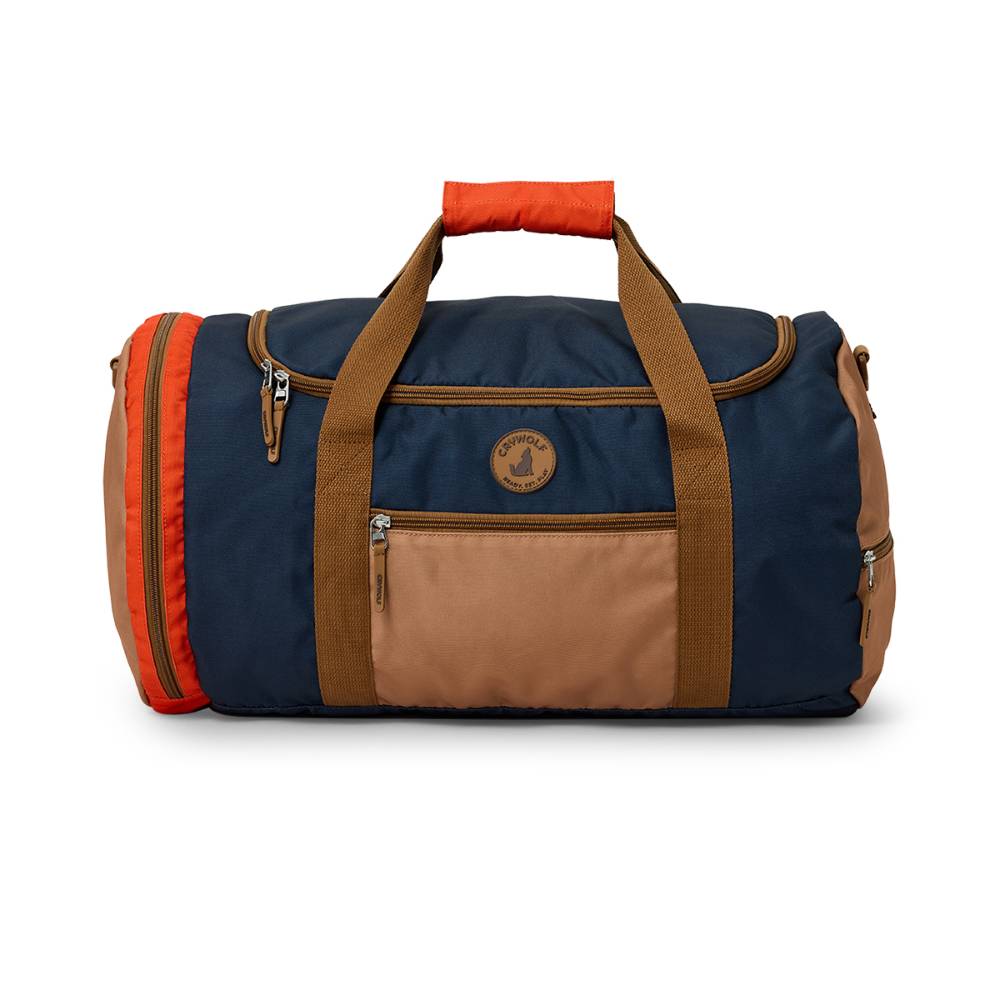Navy and brown duffel bag with orange accents on a white background