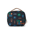 A rectangular zippered lunch bag with a top handle, featuring a black background with a tropical seaside print including palm trees, starfish, waves, and the words 'Seaside Motel'.