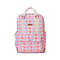 A pastel pink, yellow, and light blue checkered backpack with beige webbing handles and a brown leather brand patch on the front, shown against a plain white background.