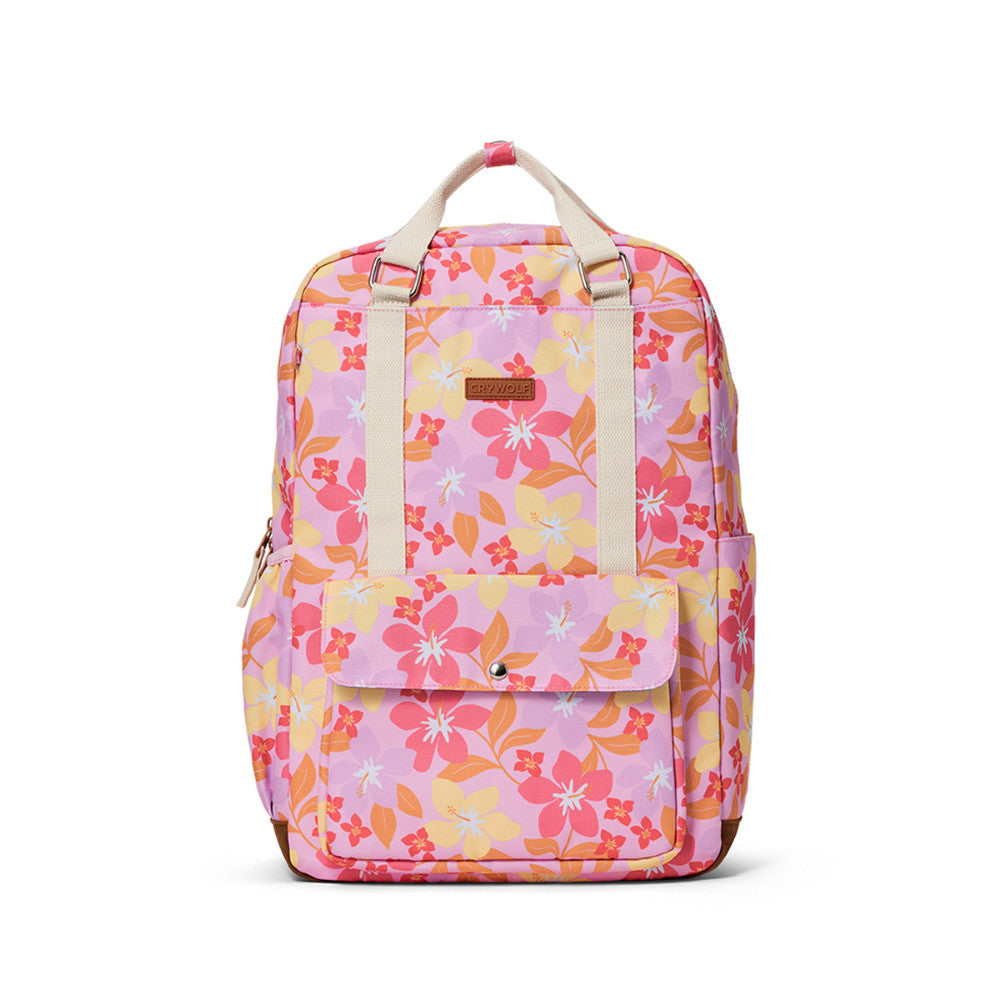 A floral backpack in pink, yellow, and orange with cream-colored handles and straps, shown against a plain white background.