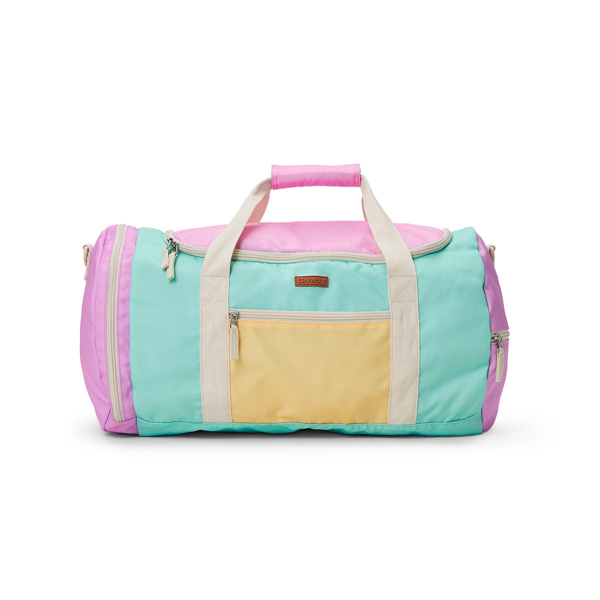A pastel color-blocked duffel bag with a mint green body, pink top and side panels, a pale yellow front pocket, and cream handles, shown on a white background.