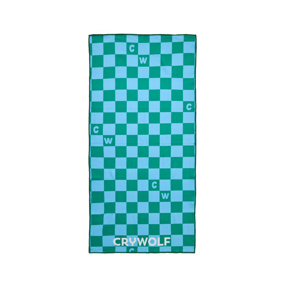 Crywolf Rapid Dry Towel Sea Green Check on a white background. 