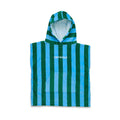 A striped hooded towel with vertical green and light blue stripes, featuring a white 'CRYWOLF' logo on the chest and a front pouch pocket, shown flat on a white background.