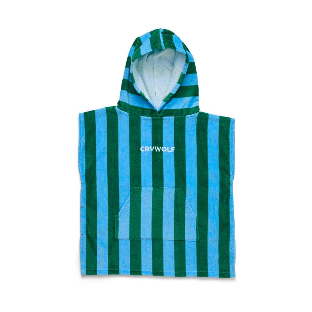 A striped hooded towel with vertical green and light blue stripes, featuring a white 'CRYWOLF' logo on the chest and a front pouch pocket, shown flat on a white background.