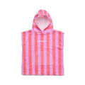 A pink and coral striped hooded towel with a front pouch pocket and the brand name 'CRYWOLF' printed in white on the chest, shown flat on a white background.