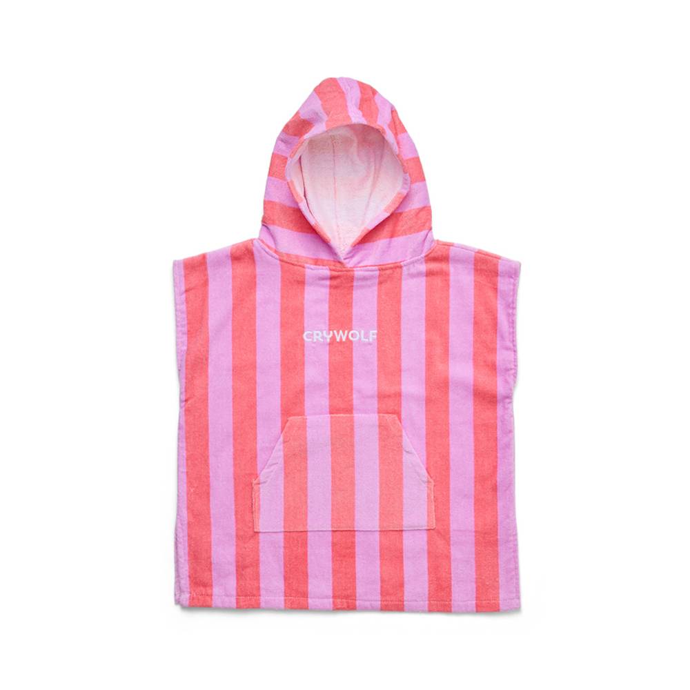 A pink and coral striped hooded towel with a front pouch pocket and the brand name 'CRYWOLF' printed in white on the chest, shown flat on a white background.