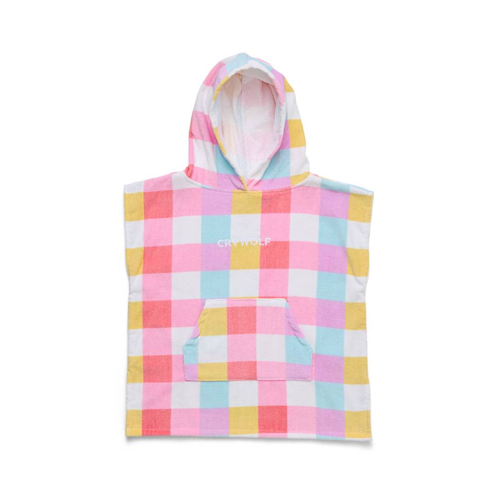 A children's hooded towel with a pastel pink, yellow, and light blue gingham check pattern on a white background, featuring a front pocket and a small 'CRYWOLF' logo printed on the chest.