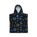 A black hooded towel featuring a colorful tropical beach print with palm trees, starfish, waves, and 'Seaside Motel' motifs, shown flat against a white background.