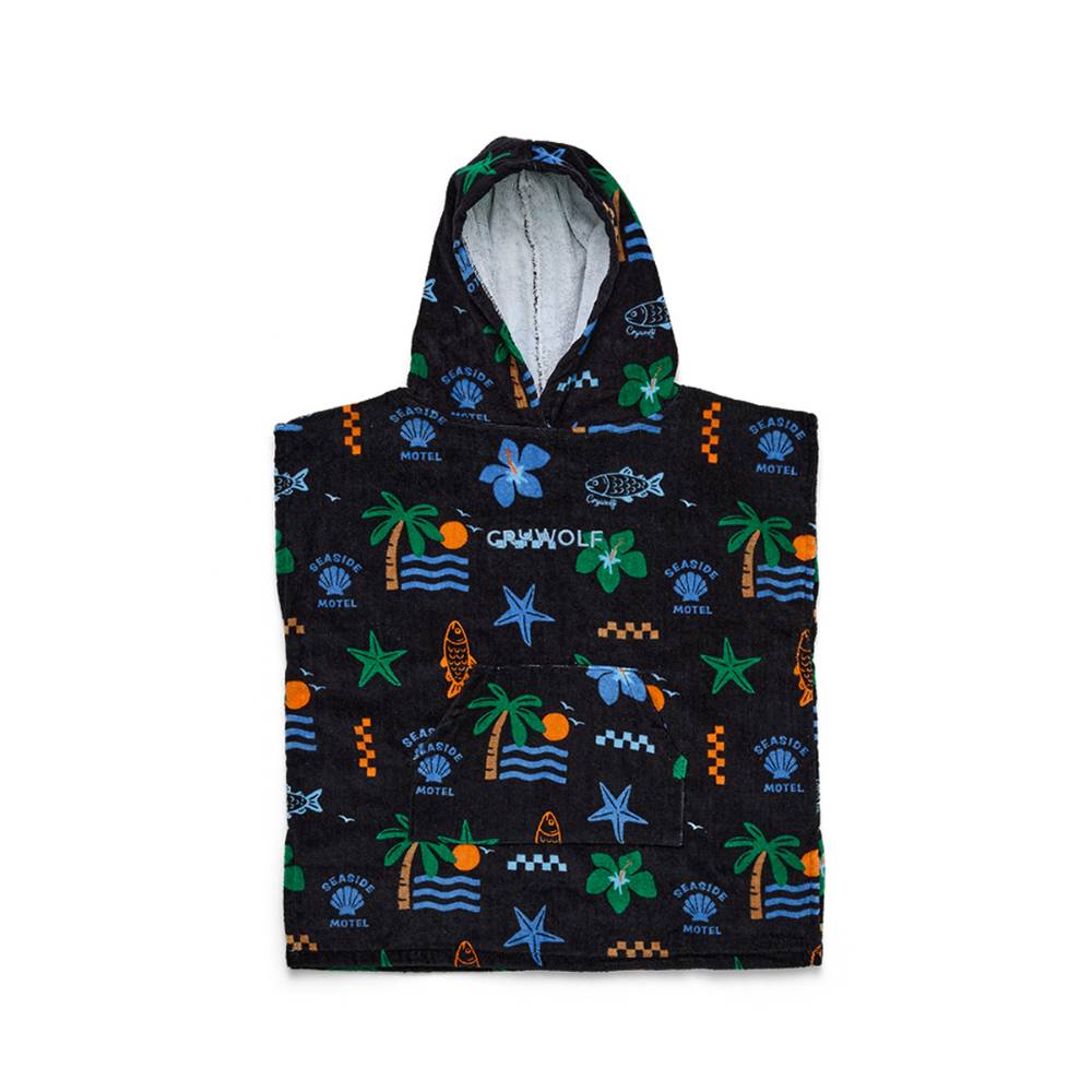 A black hooded towel featuring a colorful tropical beach print with palm trees, starfish, waves, and 'Seaside Motel' motifs, shown flat against a white background.