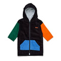 A hooded zip-up towel featuring a black body, a green sleeve, an orange sleeve, and a blue front pocket, shown against a plain white background.