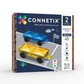Connetix Bright Car Pack 2-piece magnetic tile set in its retail packaging, featuring a navy blue box with illustrations of a blue and yellow magnetic car.