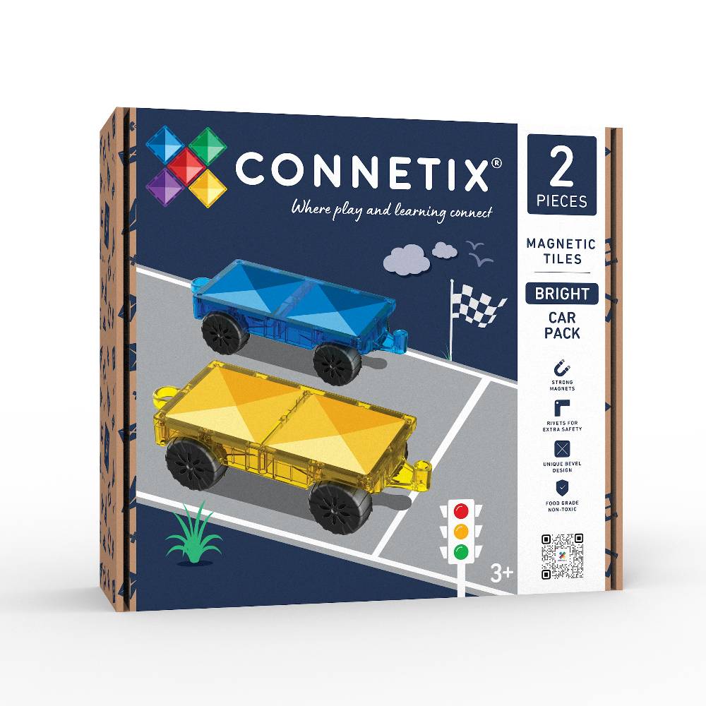 Connetix Bright Car Pack 2-piece magnetic tile set in its retail packaging, featuring a navy blue box with illustrations of a blue and yellow magnetic car.