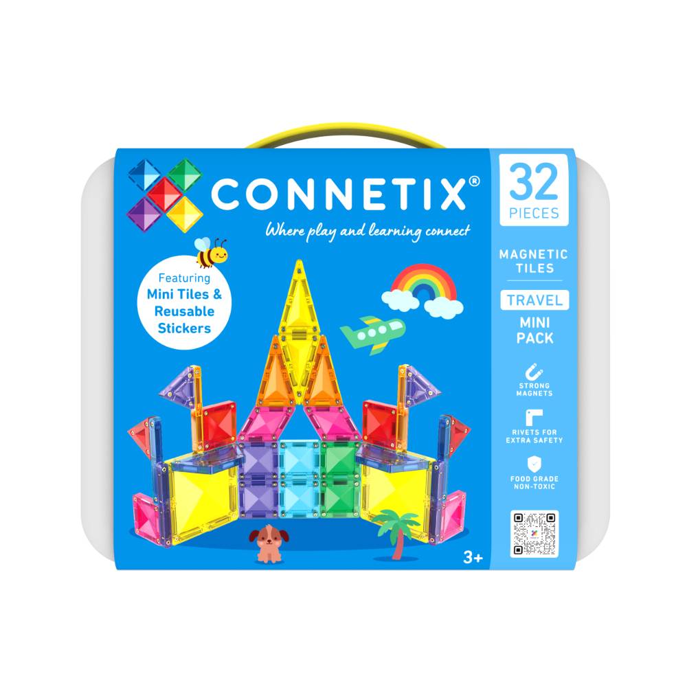 Connetix Travel Mini Pack toy set in a hard plastic carrying case with a bright blue front panel, showing colorful magnetic tiles and stickers, on a white background.