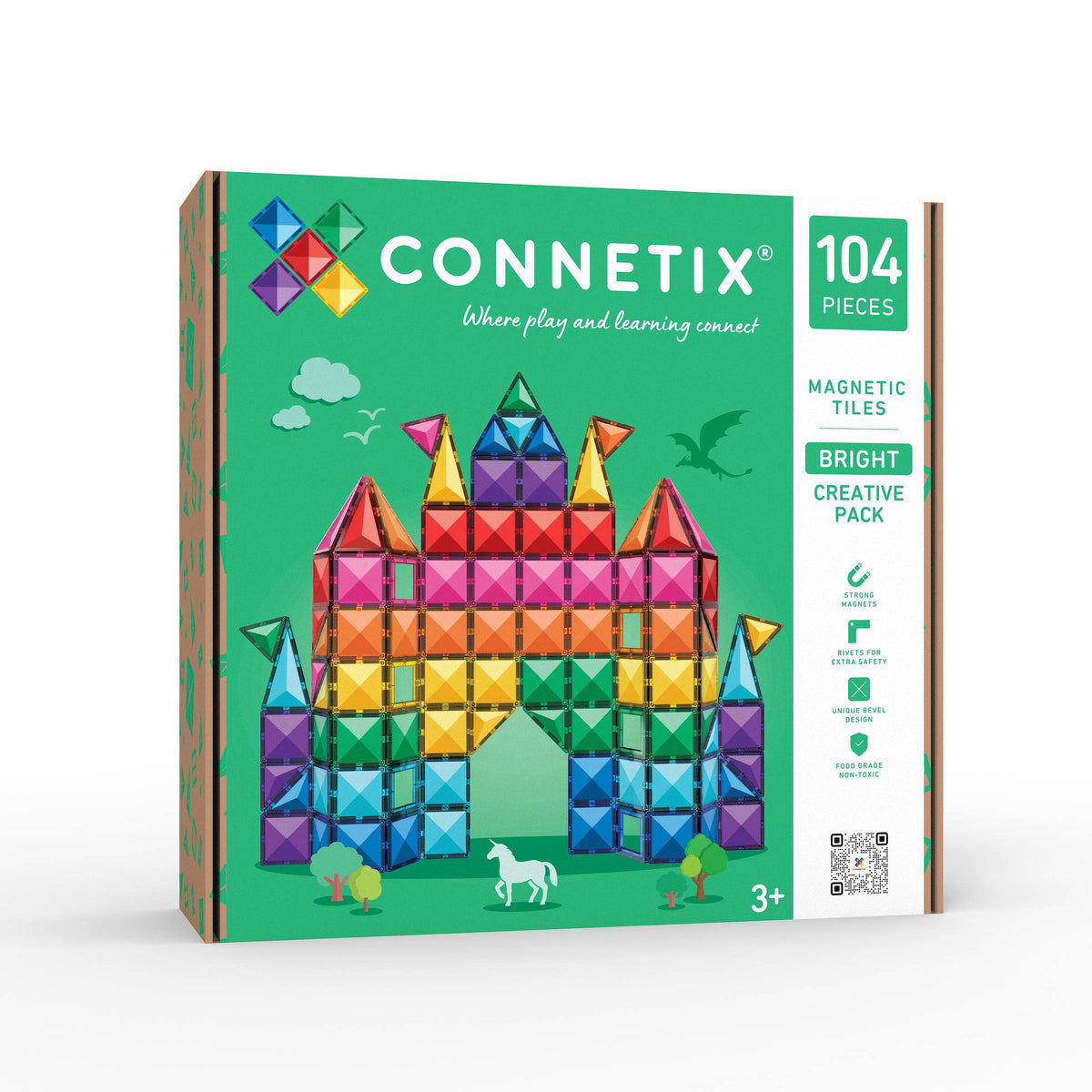 Connetix Bright Creative Pack toy box containing 104 magnetic tiles, featuring a colorful illustration of a castle on a green background.