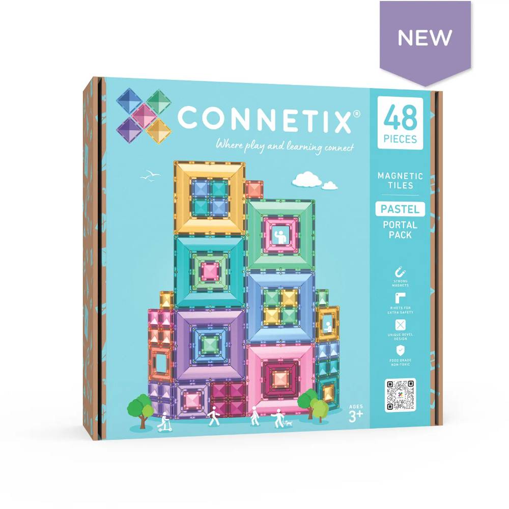 Connetix building block set packaging with colorful blocks on a blue background