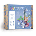 Connetix magnetic tiles packaging with colorful geometric designs on a white background