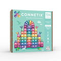 Connetix Pastel Creative Pack toy box containing 104 magnetic tiles, featuring a colorful geometric castle illustration on a mint green background.