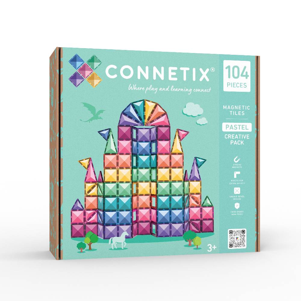 Connetix Pastel Creative Pack toy box containing 104 magnetic tiles, featuring a colorful geometric castle illustration on a mint green background.