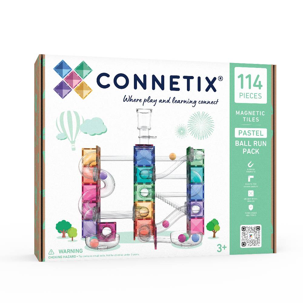 Connetix 114-piece Magnetic Tiles Pastel Ball Run Pack box, featuring colorful graphics of the toy set and a mint green side panel on a white background.