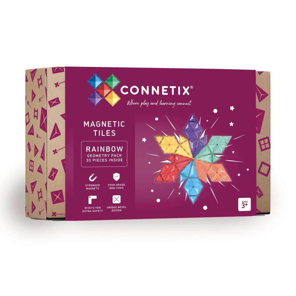 Connetix magnetic tiles packaging with colorful geometric shapes on a white background