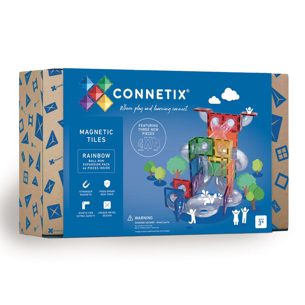 Box of Connetix magnetic tiles with colorful design and toy structure on a white background