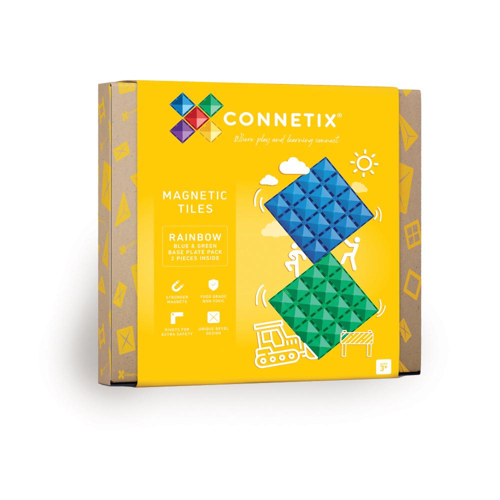 Connetix magnetic tiles packaging with colorful tiles on a yellow background