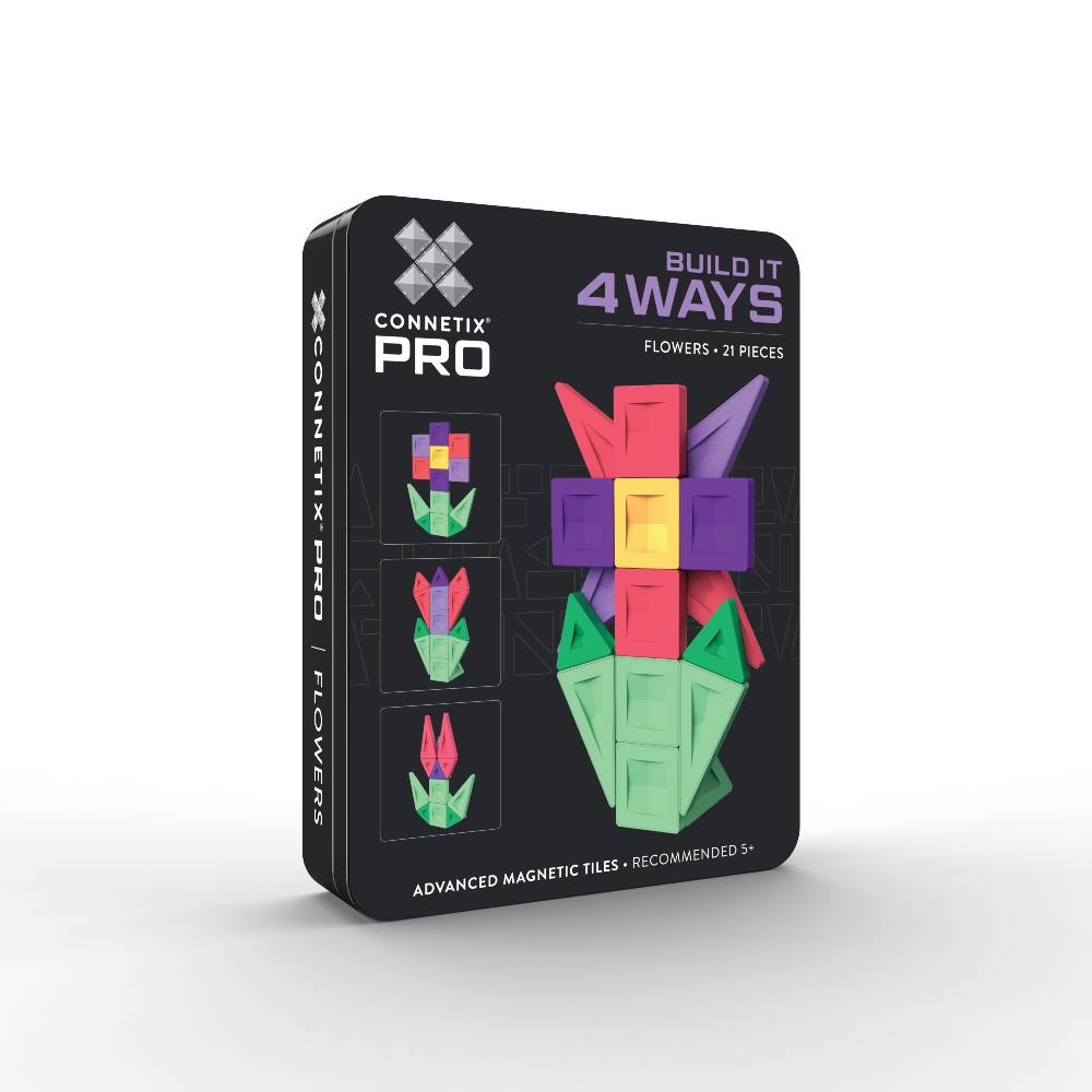 Connetix Pro Build It 4 Ways flowers set in a black metal tin box, featuring colorful magnetic flower tiles on a clean white background.