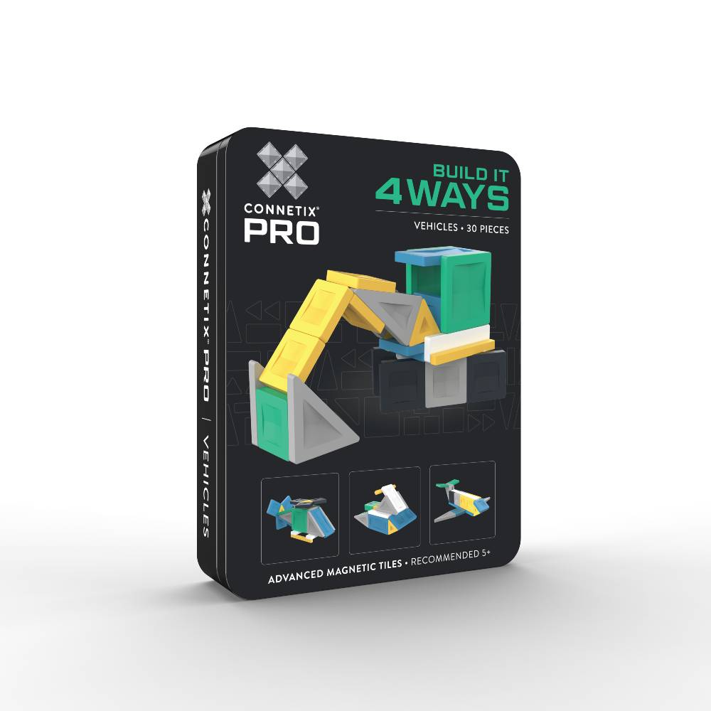 Connetix Pro Build It 4 Ways Vehicles 30-piece magnetic building set in its retail packaging, shown on a clean white background.