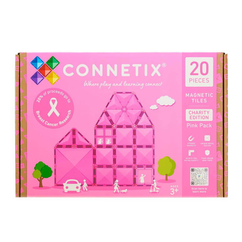 Connetix Magnetic Tiles Pink Pack charity edition box, containing 20 pieces, featuring a pink design with a house made of magnetic tiles and a breast cancer ribbon graphic.
