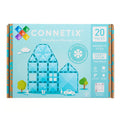 Connetix Magnetic Tiles Teal Pack box, featuring a light teal-blue background with an illustration of a house built from blue magnetic tiles. The packaging highlights that it contains 20 pieces and is a charity edition.