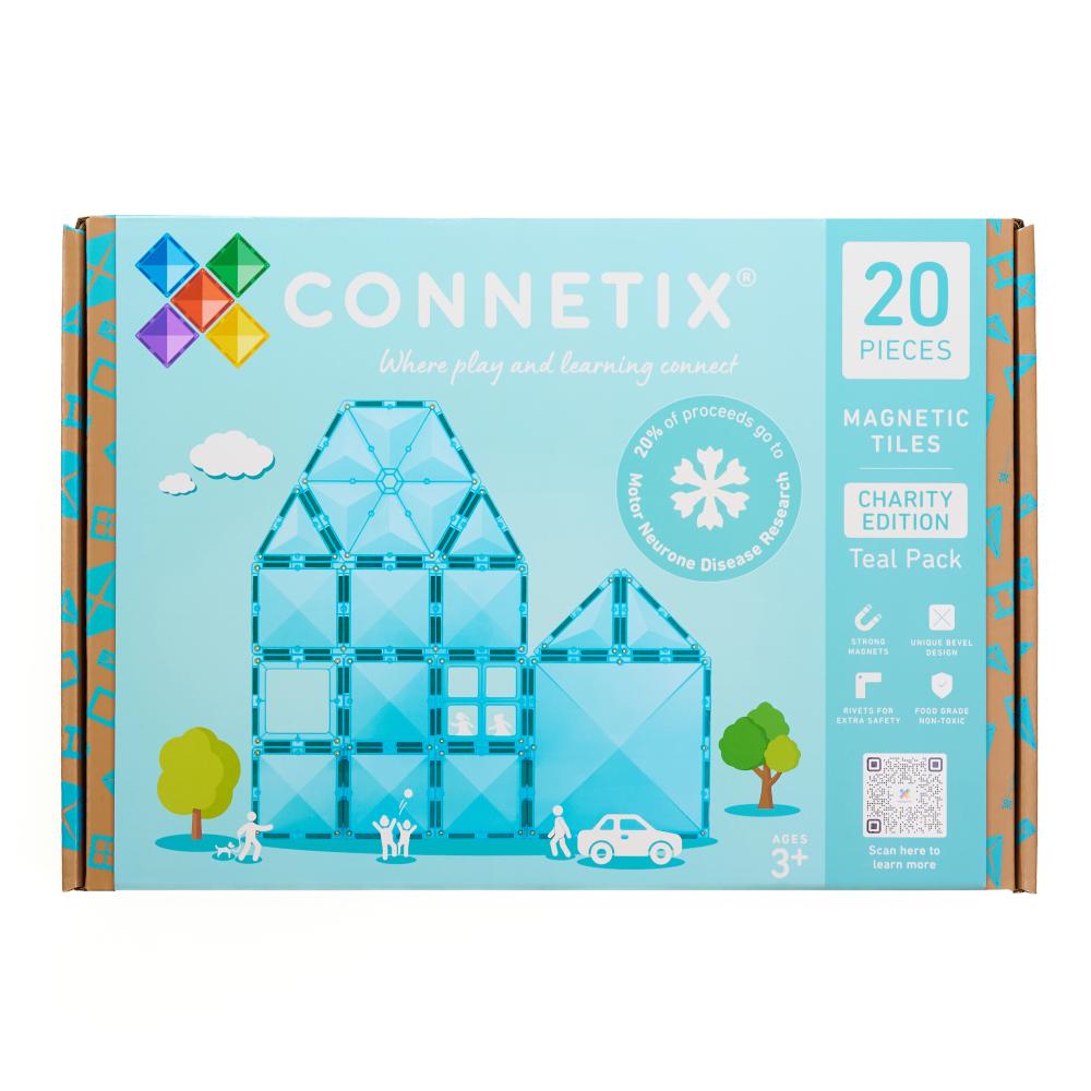 Connetix Magnetic Tiles Teal Pack box, featuring a light teal-blue background with an illustration of a house built from blue magnetic tiles. The packaging highlights that it contains 20 pieces and is a charity edition.