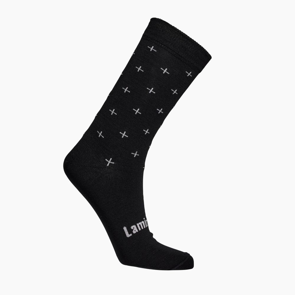 Charcoal socks with white x on a white background