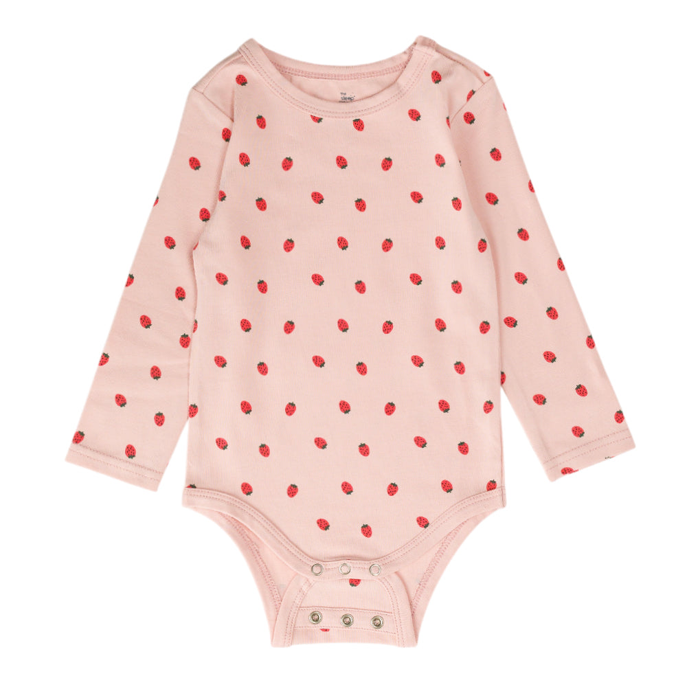 Pink organic cotton baby bodysuit with red strawberry pattern on a white background