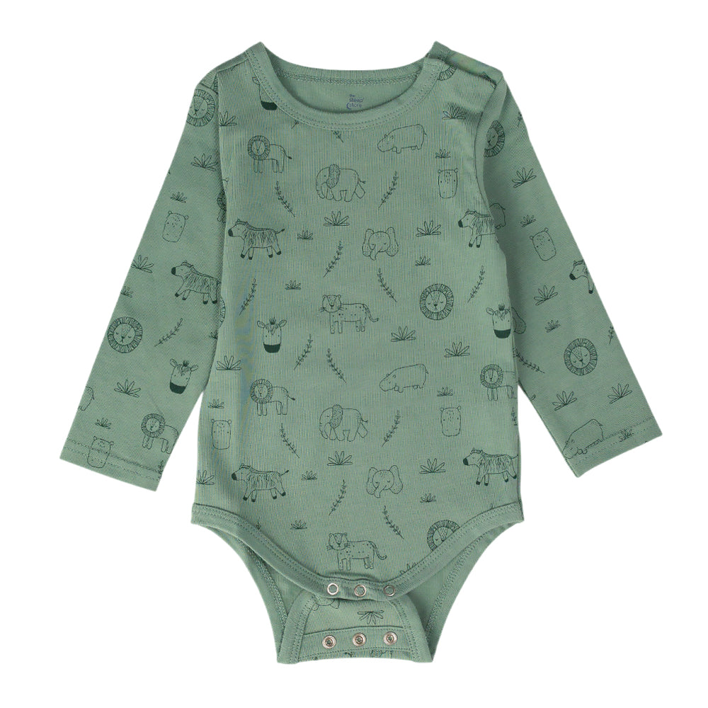 Green organic cotton baby onesie with animal pattern on a white background