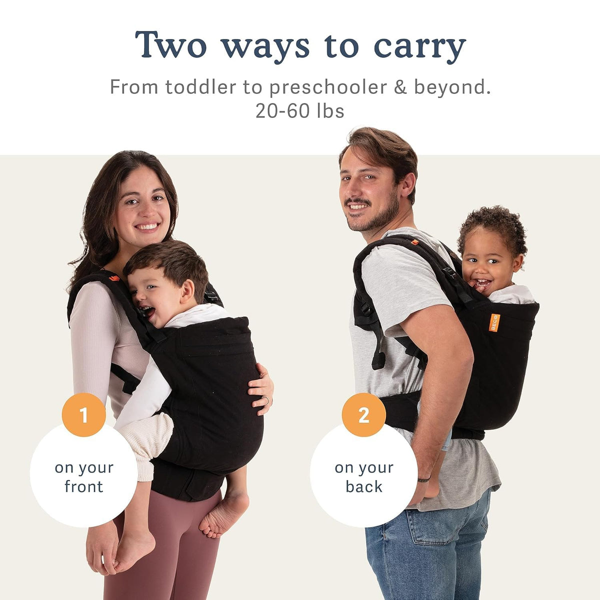 Two people using a baby carrier with text indicating two carrying methods and weight range.
