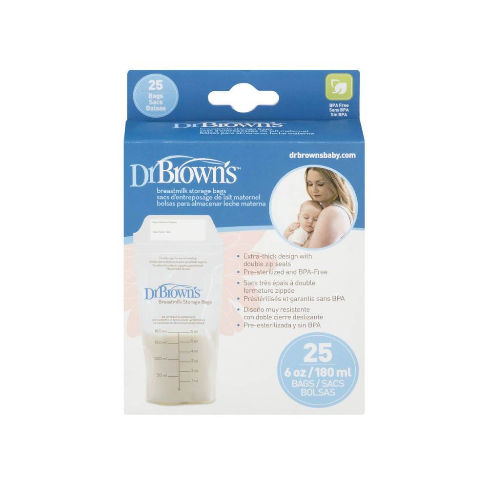 Dr. Brown's Breastfeeding Storage Bags package containing 25 white plastic storage bags with measurement markings, shown on a white background.