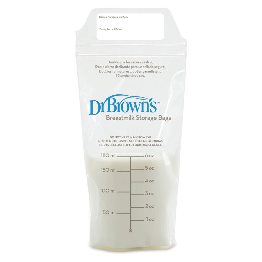 A Dr. Brown's double-gusset breastmilk storage bag with measurement markings on the front, shown against a plain white background.