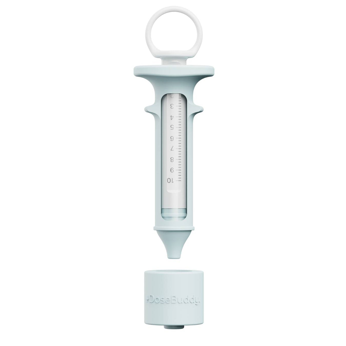A light blue and white syringe-style dosing device with a measurement window and a matching cap below, shown on a plain white background.