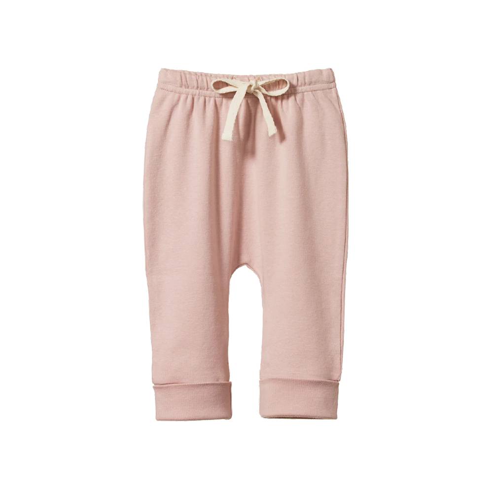 Rose Pink cotton baby pants with a drawstring on a white background